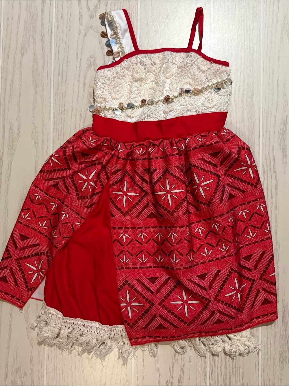 Moana Inspired Girls Costume Dress Size 120 5/6 Red White Fringe Beaded